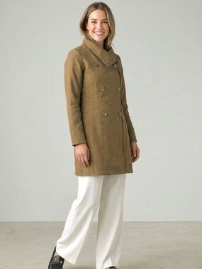 Prana Sutherland Asymmetrical Double-Breasted Trench‎ Coat, Olive Brown, Size S